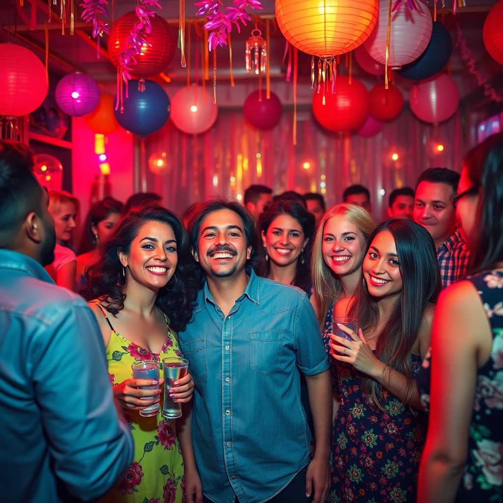 A vibrant party with happy guests and decorations