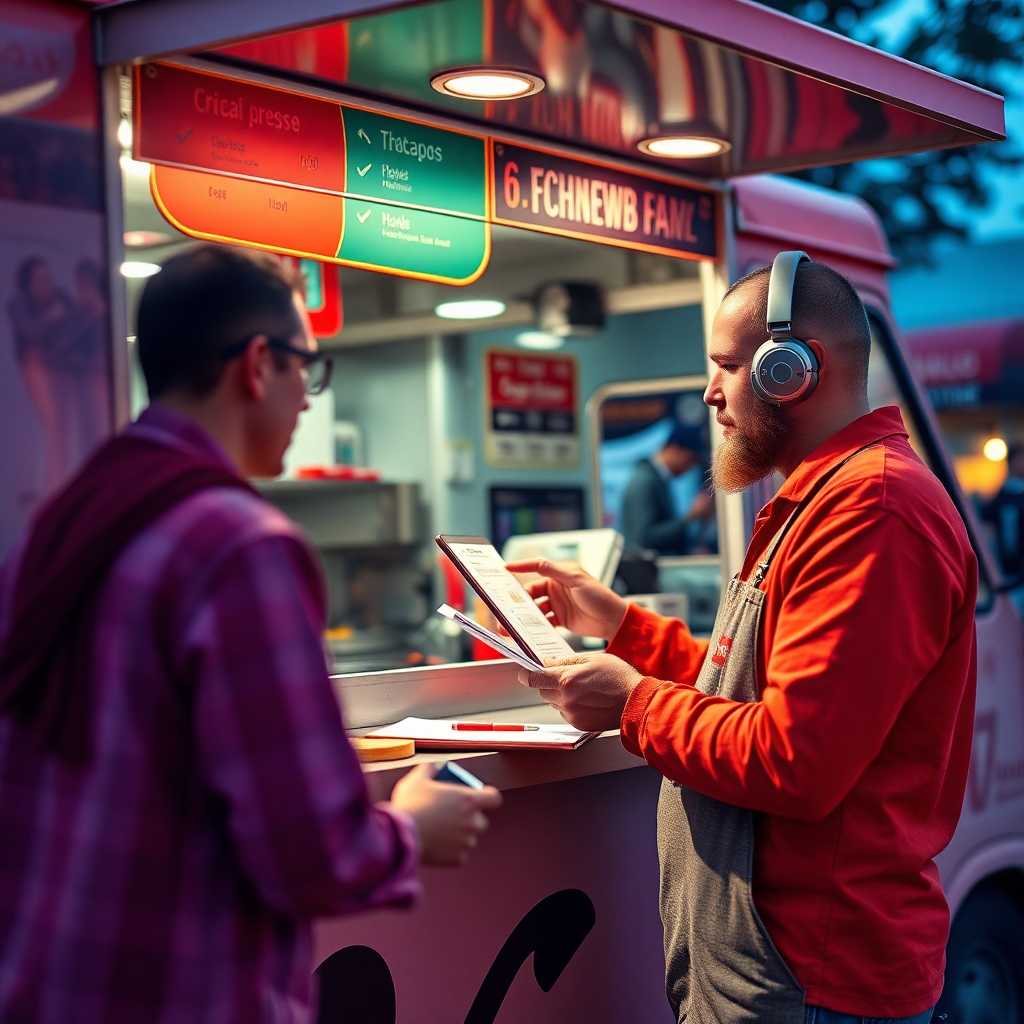 Creative depiction of food truck owner analyzing customer feedback trends