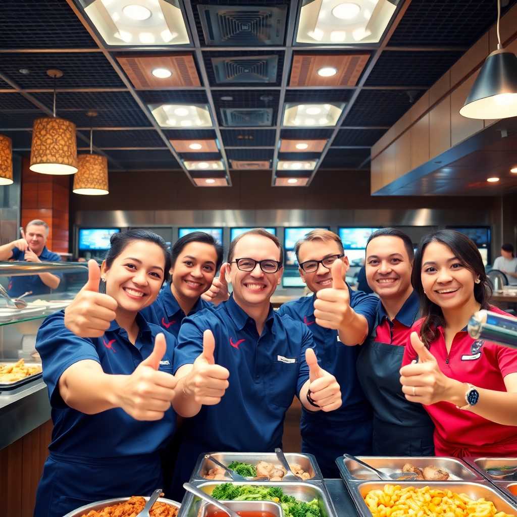 A group of smiling employees in a buffet restaurant celebrating with a thumbs up