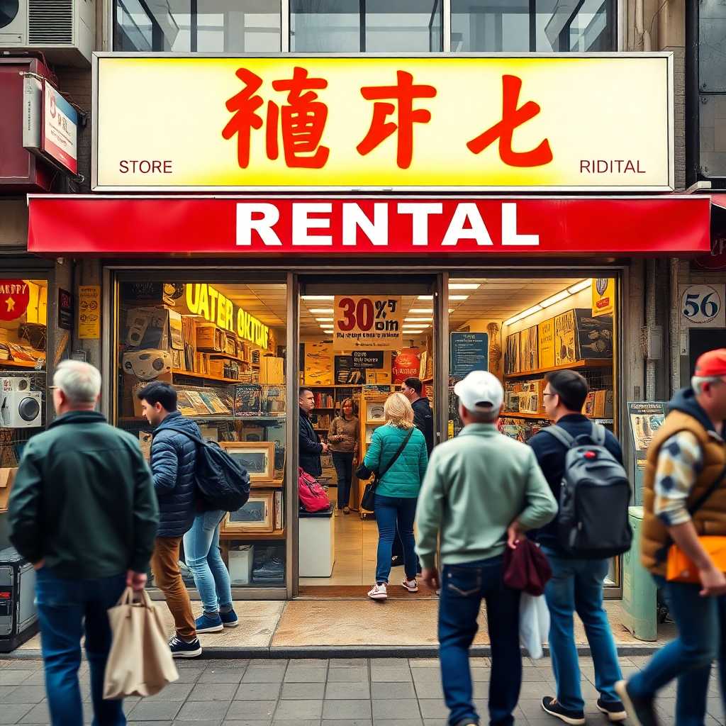 Busy rental storefront with customers browsing