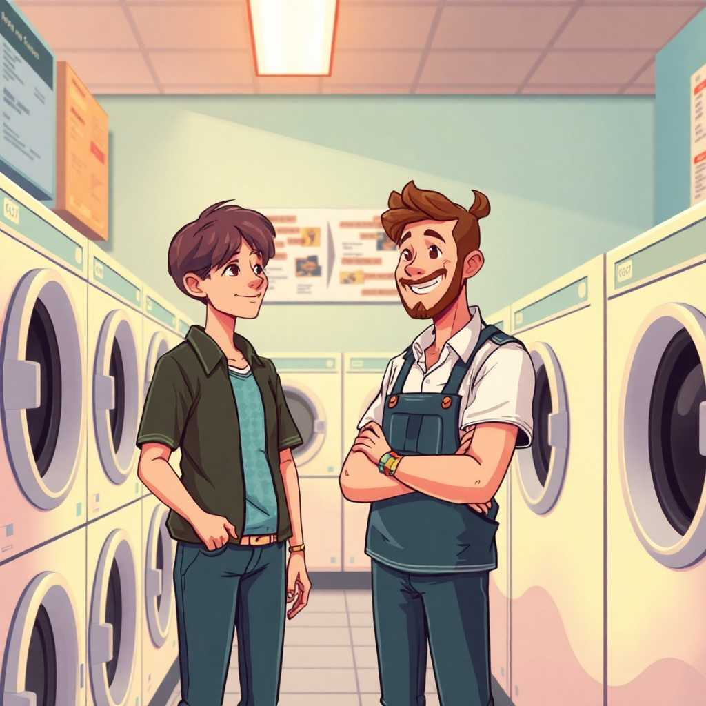Illustration showing secure data sharing and a satisfied laundromat owner