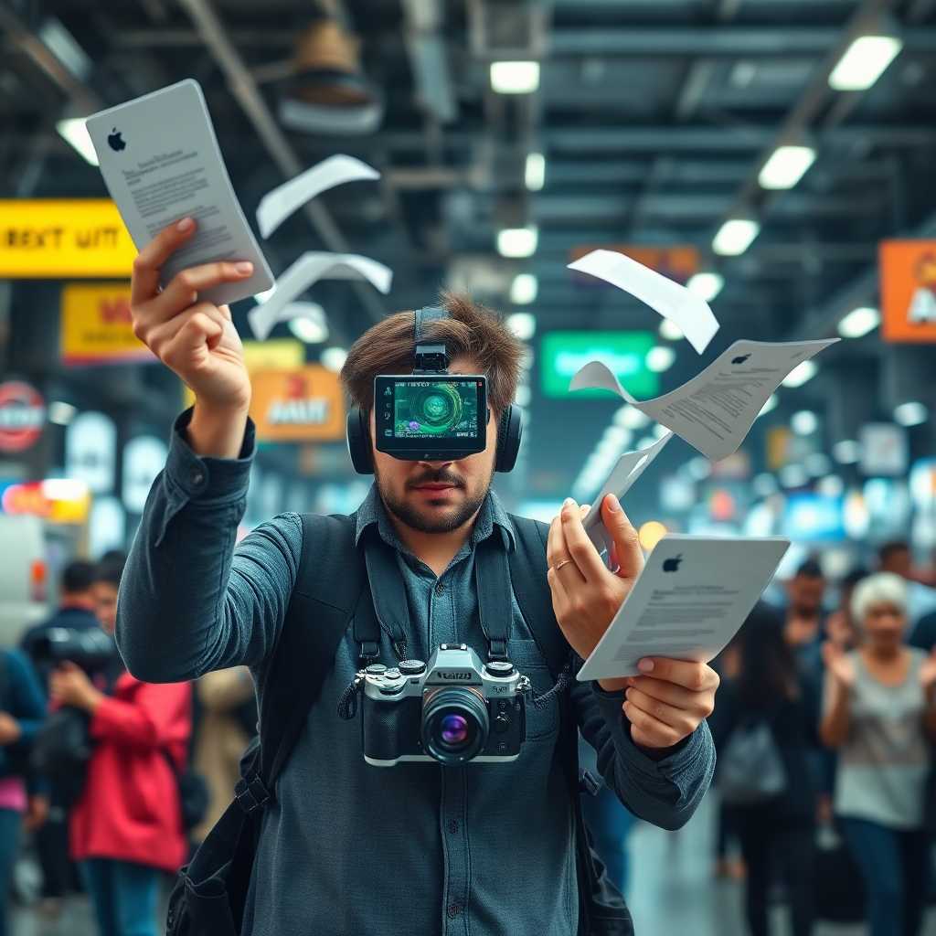 A busy photographer juggling texts and gears, illustrating peak time demands.