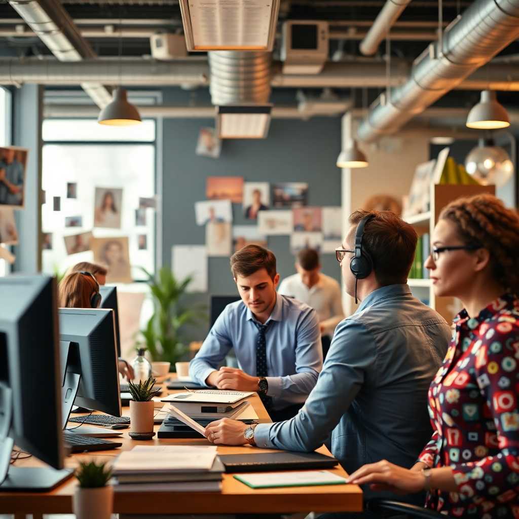 A bustling social media consulting office handling numerous client inquiries.