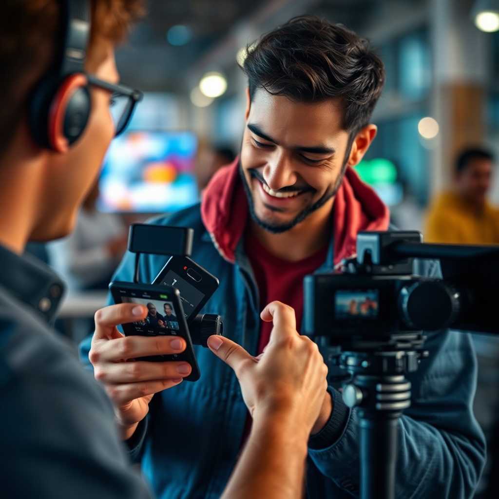 A satisfied videographer reviewing client texts on an organized mobile interface.