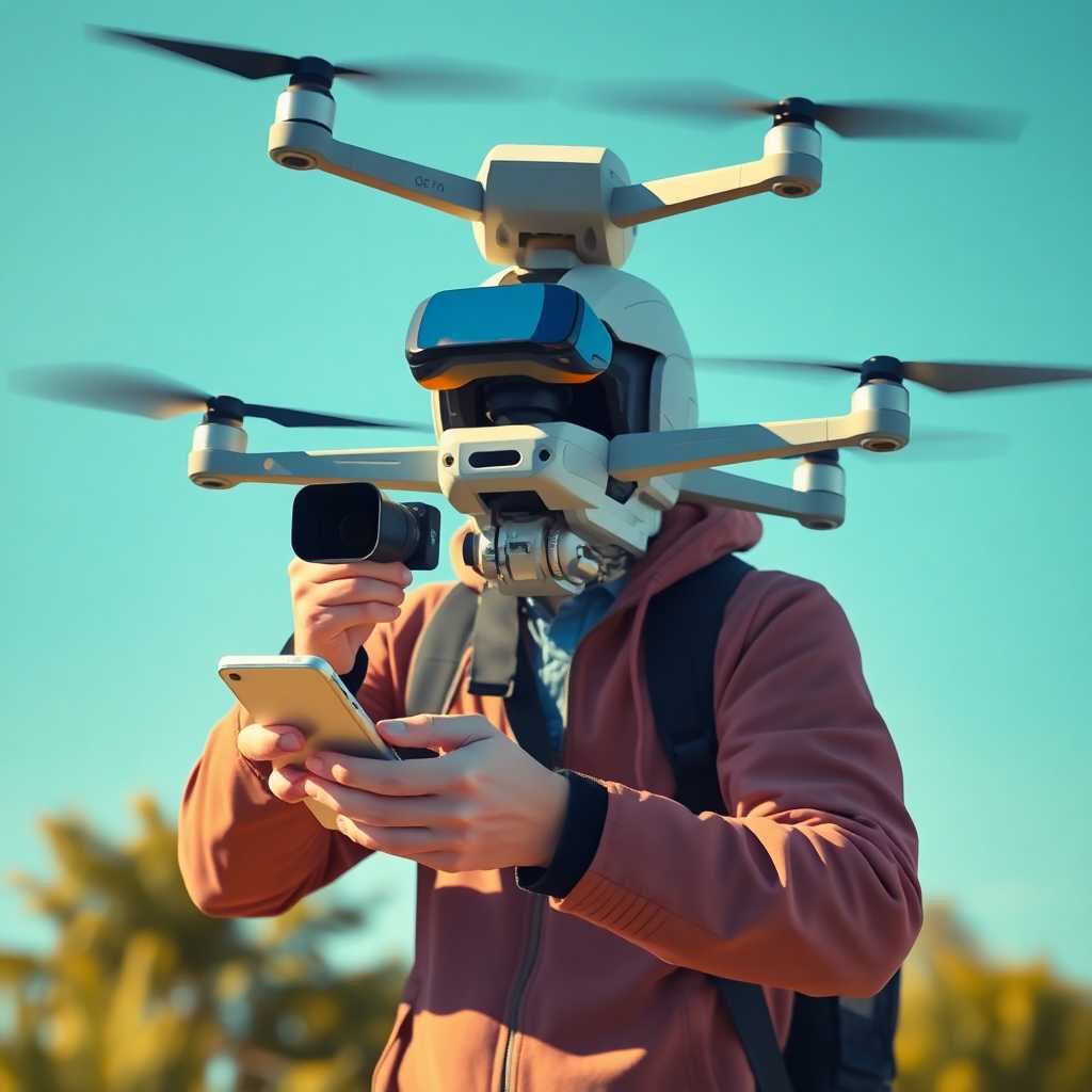 Illustration of a busy drone photographer receiving text notifications while flying.