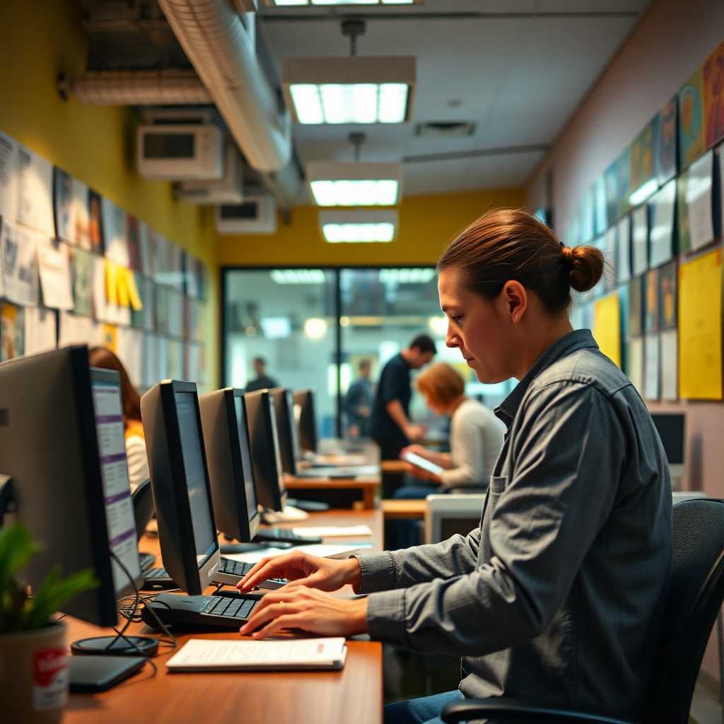 A busy language school office with staff handling numerous text messages