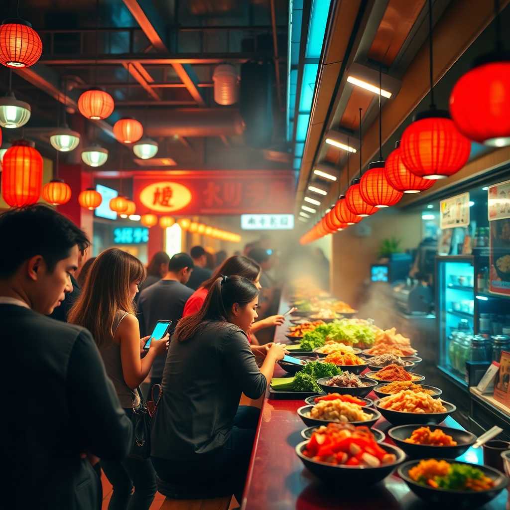 A bustling sushi bar with a flurry of incoming texts