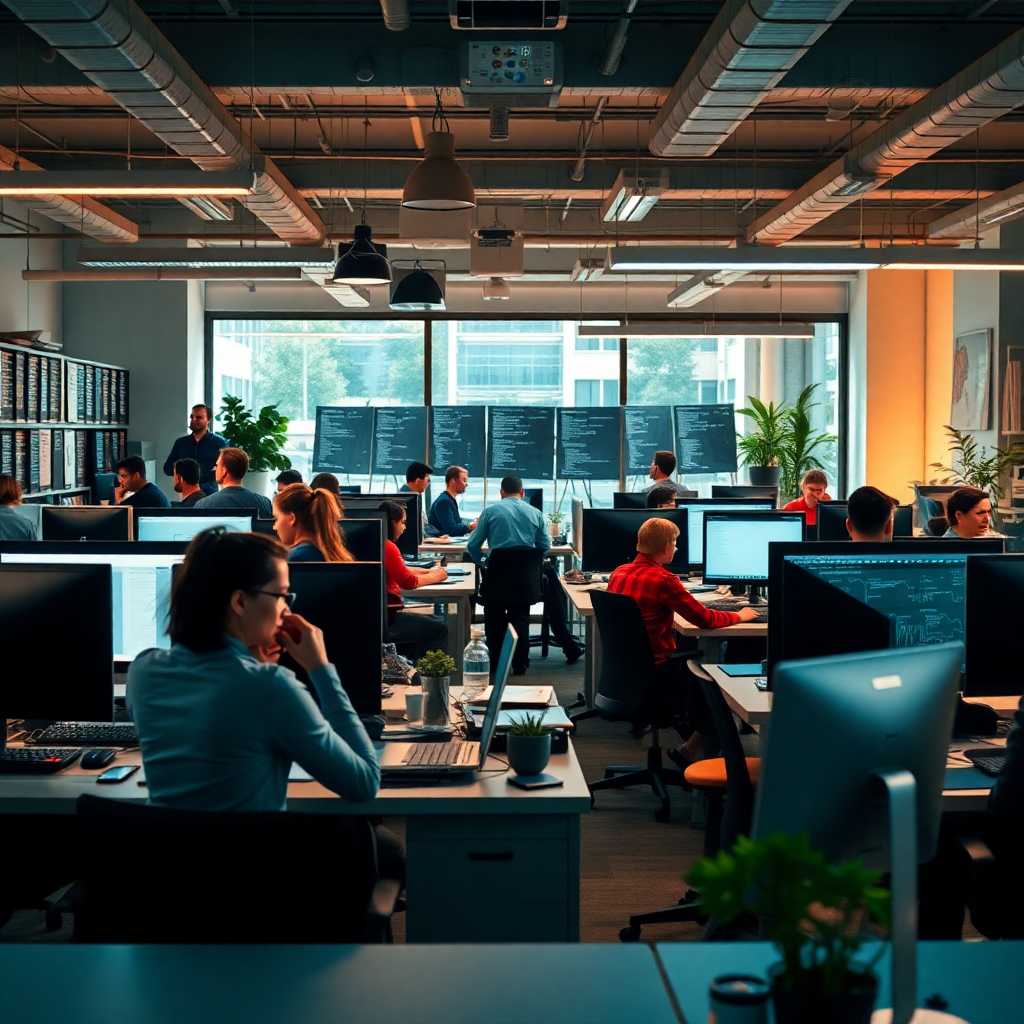 A bustling office with software designers engaged in various tasks. Caption: Efficiently handle the multitude of daily requests with TextSupport Sales PRO, designed for Custom Software Consulting Firms.
