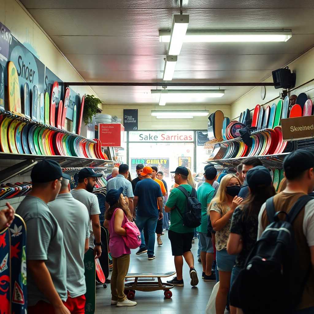 A busy skate rental shop engaged with lively customer interactions.
