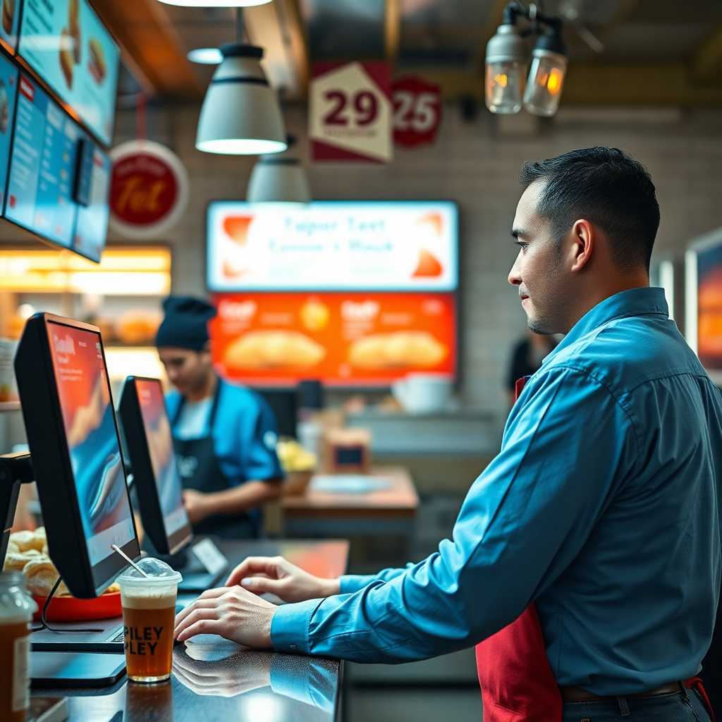 Sandwich shop staff using a desktop to manage customer texts
