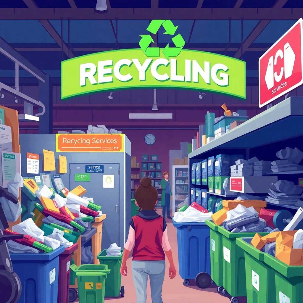 Illustration of a recycling service center bustling with activity