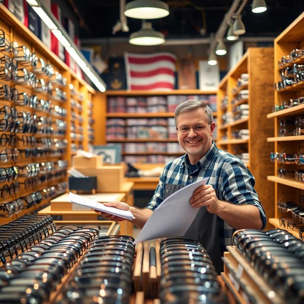 Busy shop manager happily organizing frame orders.