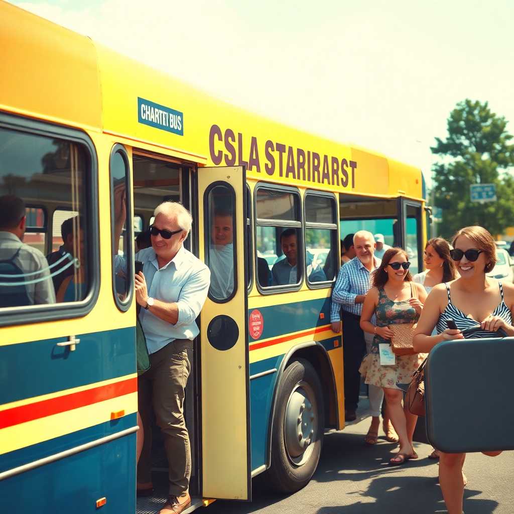 Local bus charter service with happy customers boarding