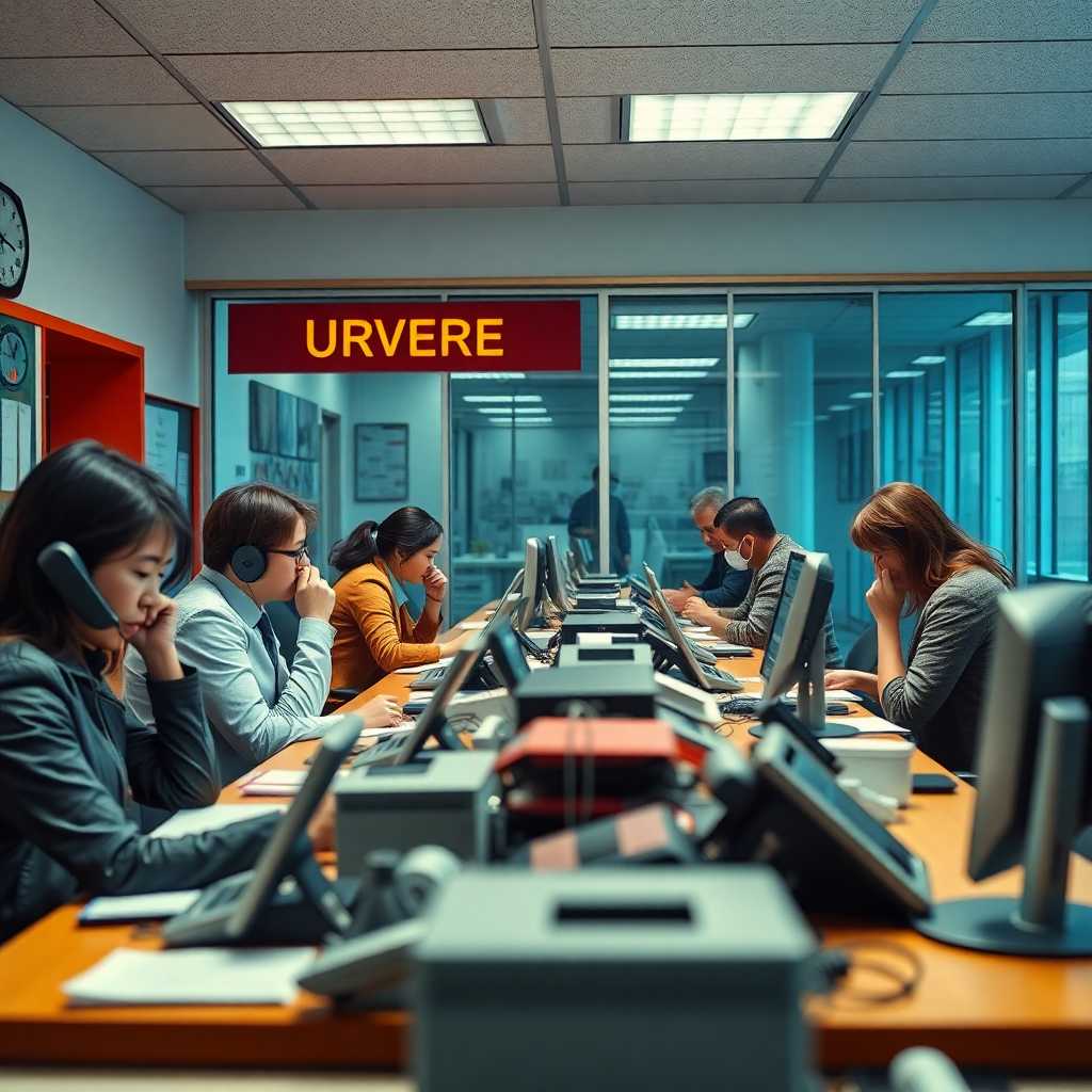 A busy front desk in a courier office with phones ringing