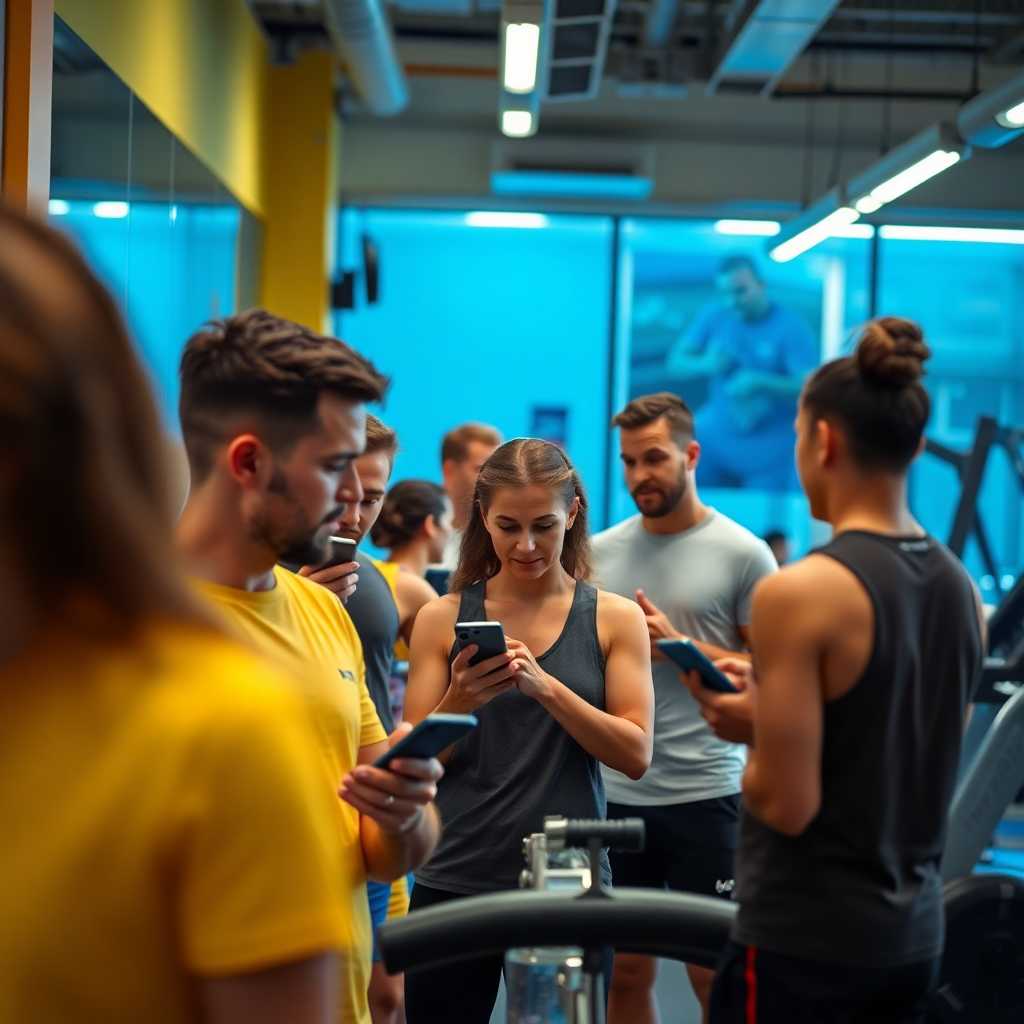 A busy gym with trainers interacting with clients and phones buzzing