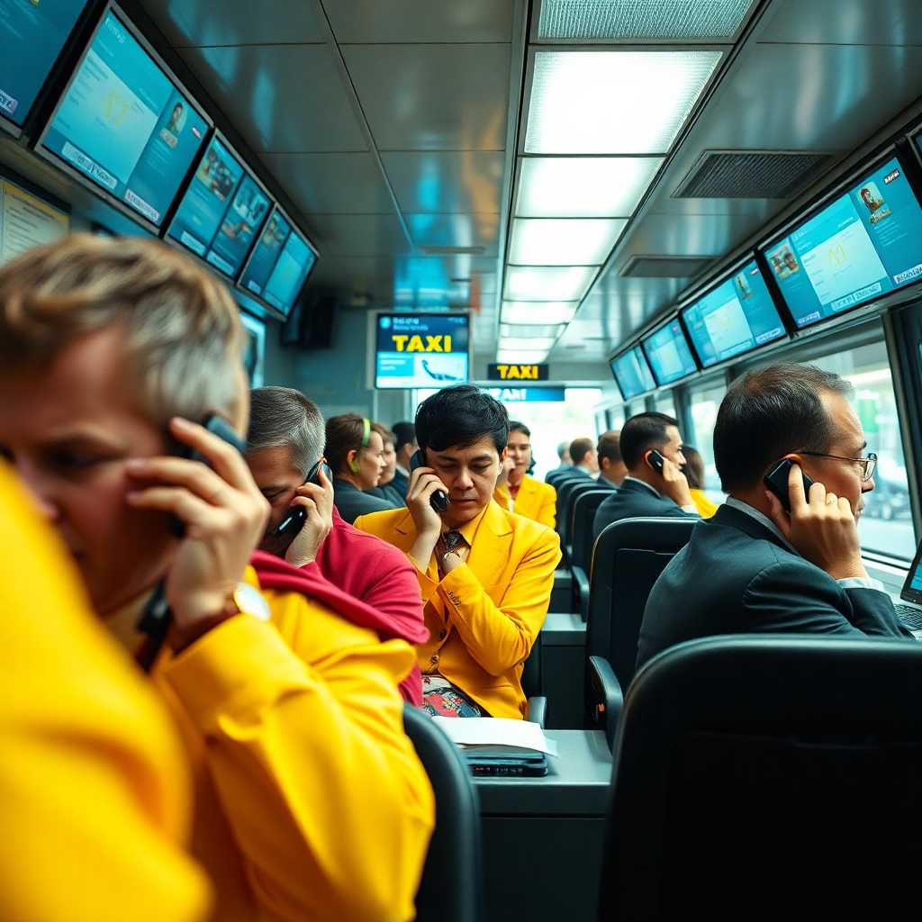A busy taxi dispatch office fielding multiple calls and text requests