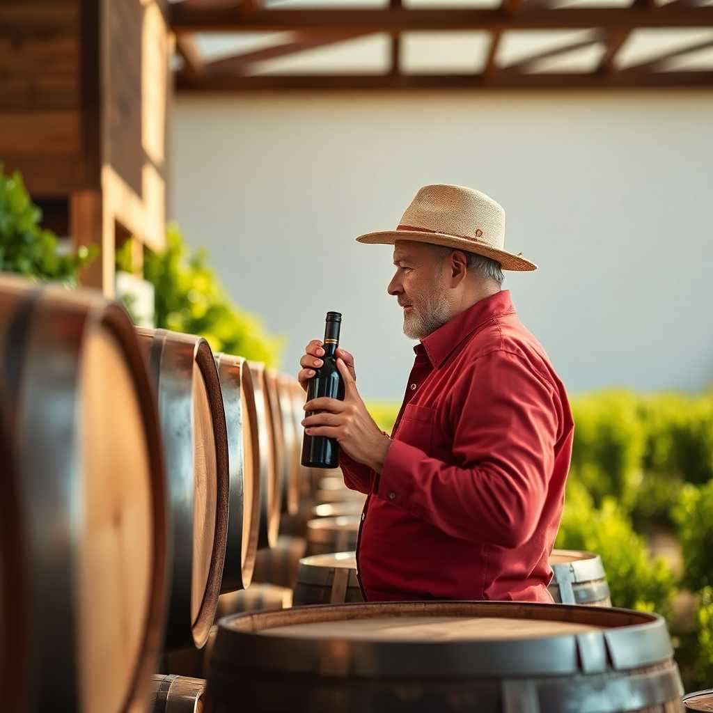 Vintner inspects a barrel of wine