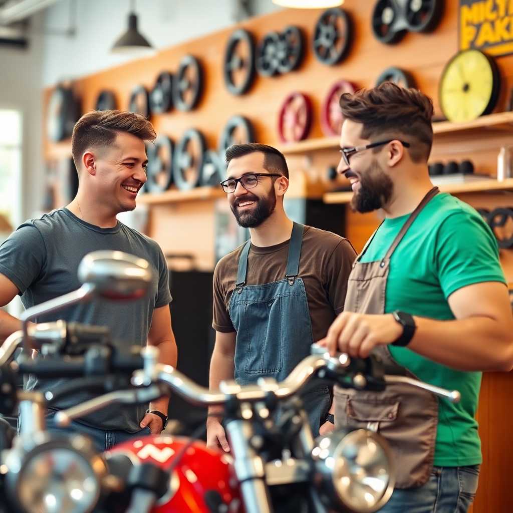 Happy Custom Bike Shop team members discussing a surge in sales