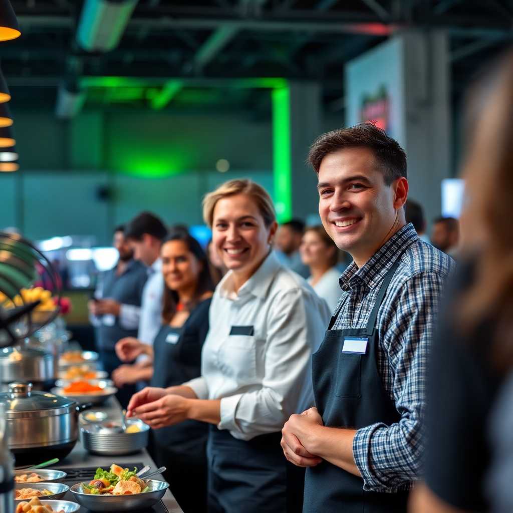 Local Catering Equipment smiling staff attending a busy event