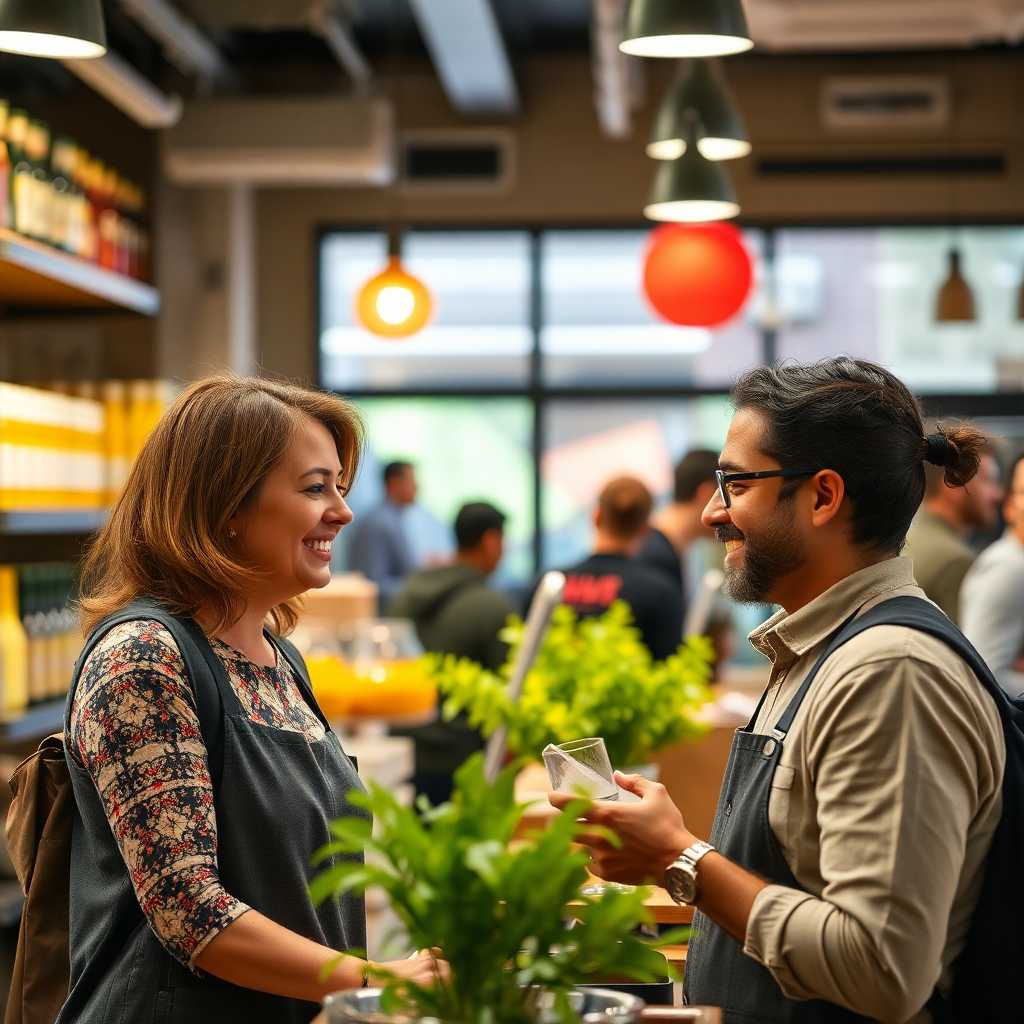 Customer interaction with a happy business owner