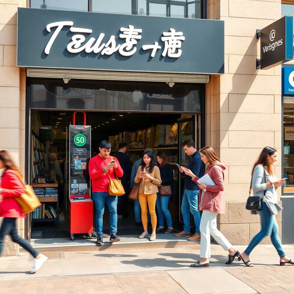 Busy storefront with customers texting inquiries