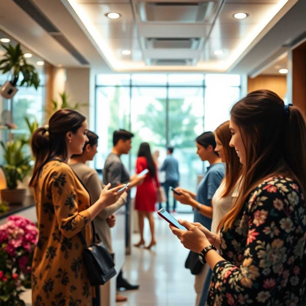 A bustling wellness center reception connected via SMS