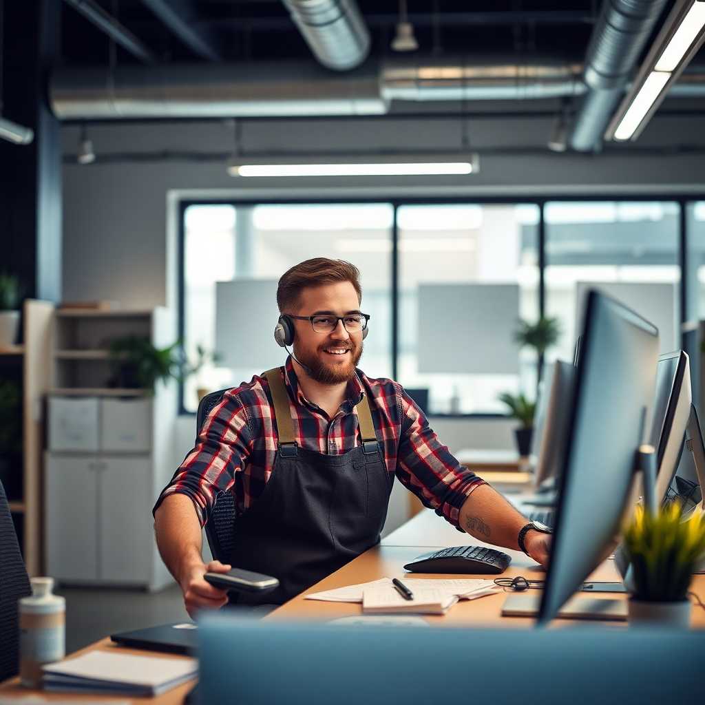 Handyman in office managing calls efficiently via desktop portal