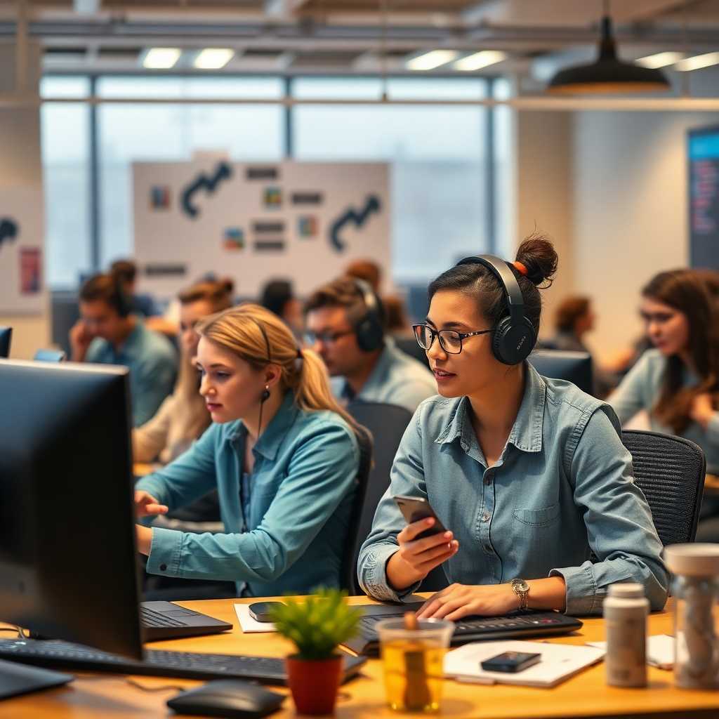 Photorealistic depiction of a busy IT training center with incoming text messages