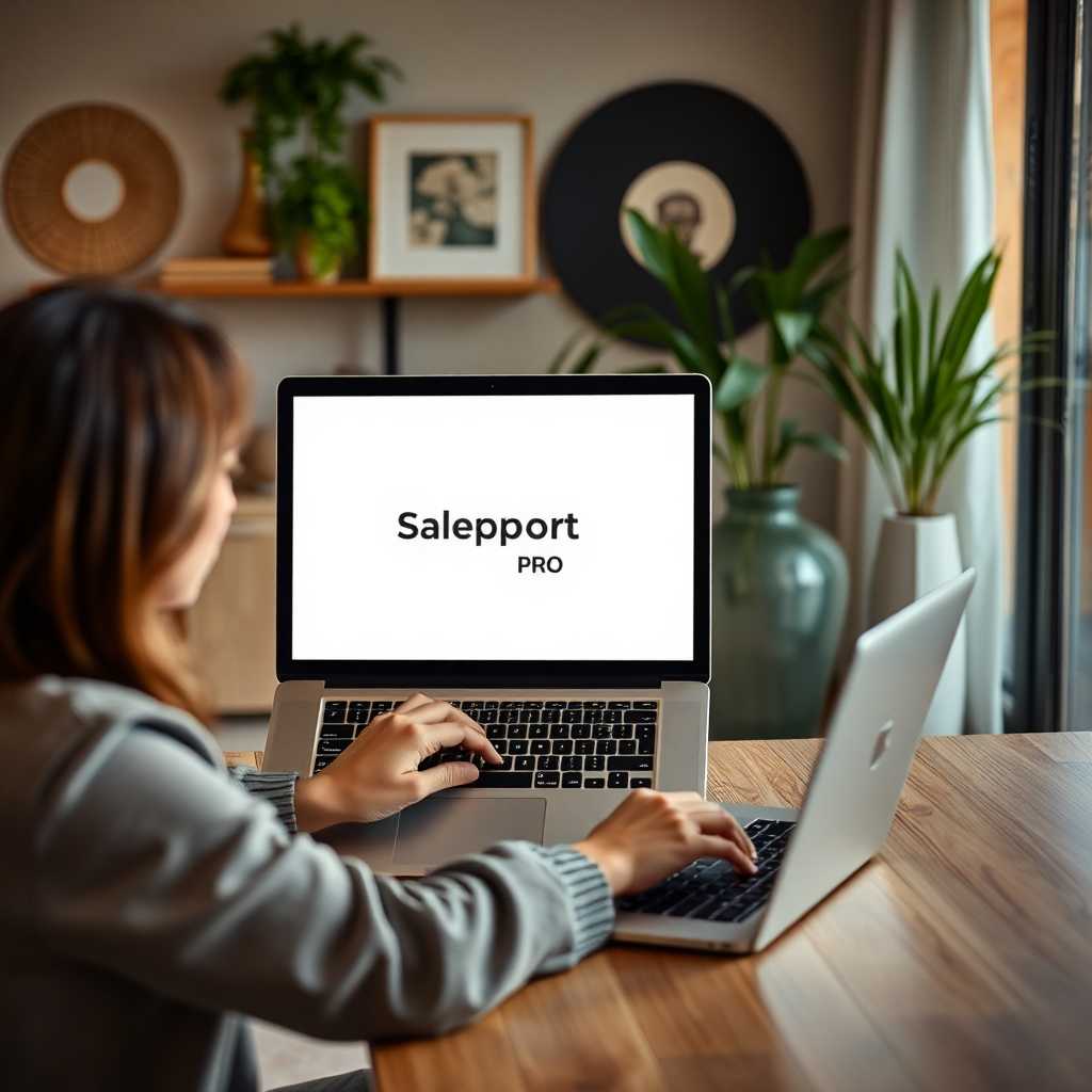 An interior decorator using a laptop with TextSupport Sales PRO interface open