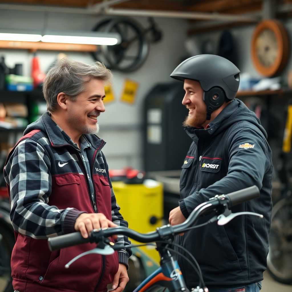 Customer chatting with a bike mechanic over text, smiling.
