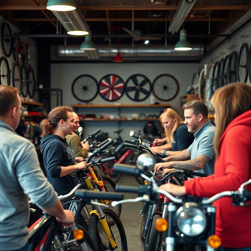 Happy customers browsing custom bikes in a well-managed shop.