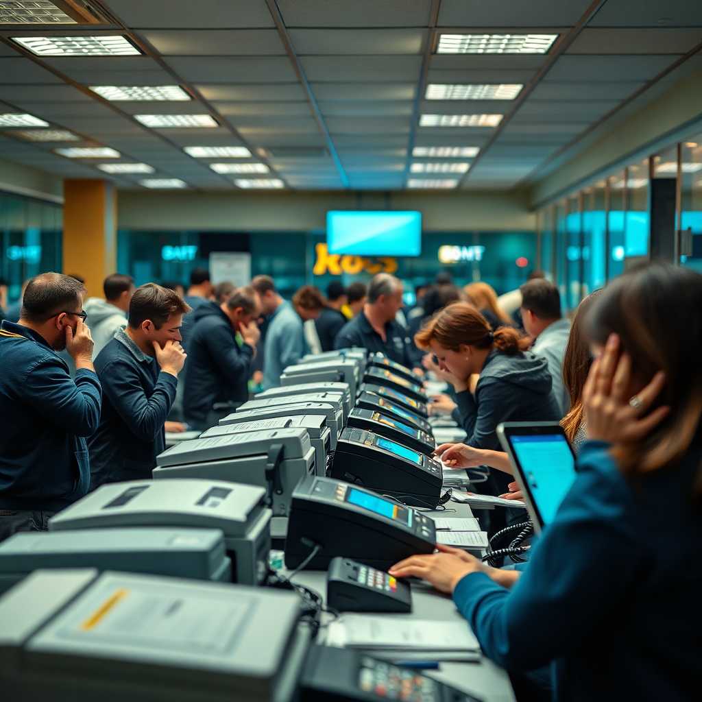 A crowded printing service desk with ringing phones and incoming texts