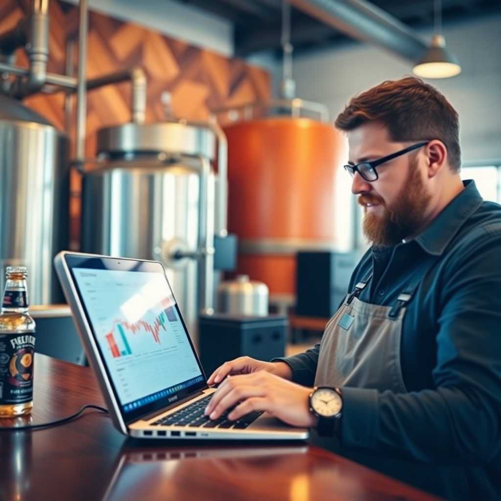 A brewery owner checking customer data on a laptop screen.