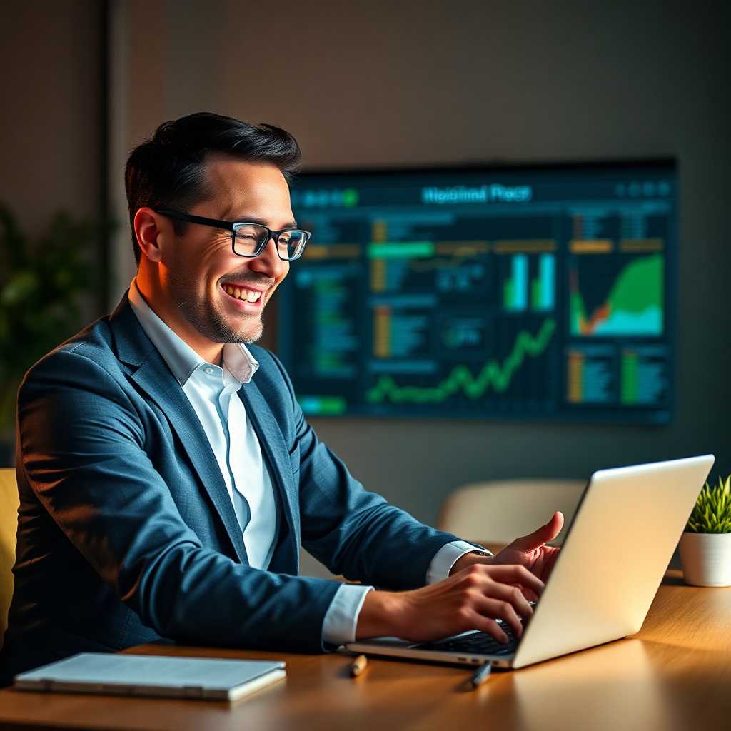 Happy business owner seeing results on a laptop