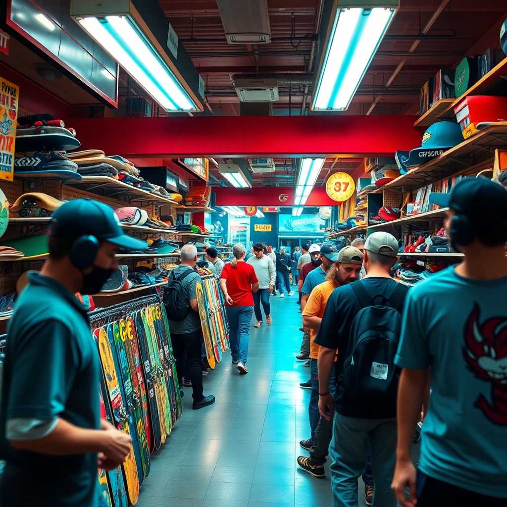 Capture the bustling energy of a skate shop on a weekend