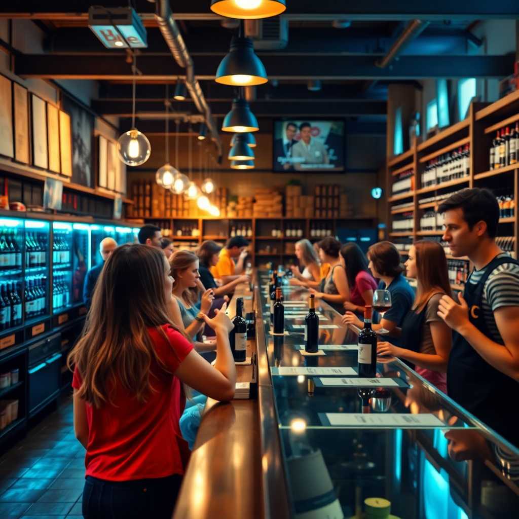 A busy winery counter filled with eager customers and incoming message alerts overlay.