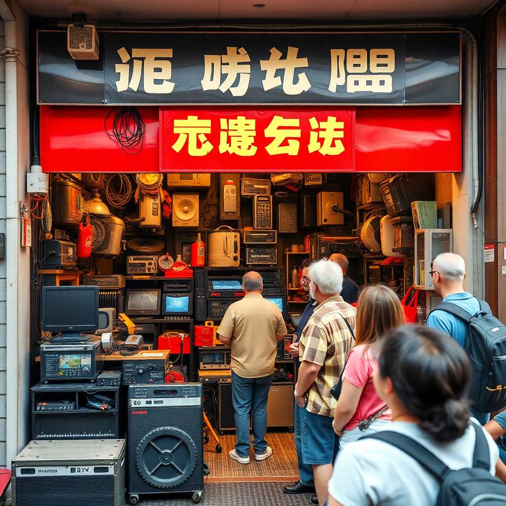 A busy storefront overflowing with equipment and customers eagerly waiting
