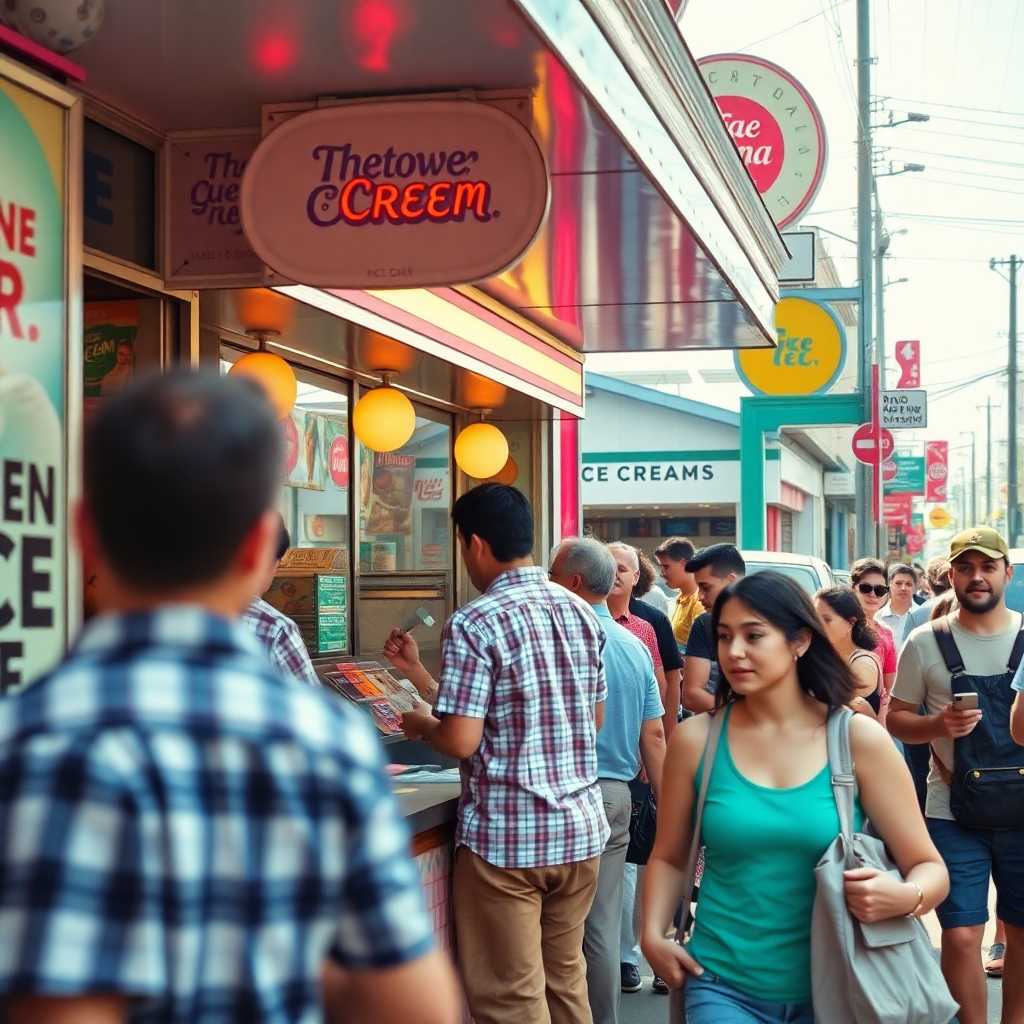 A bustling ice cream shop during rush hour