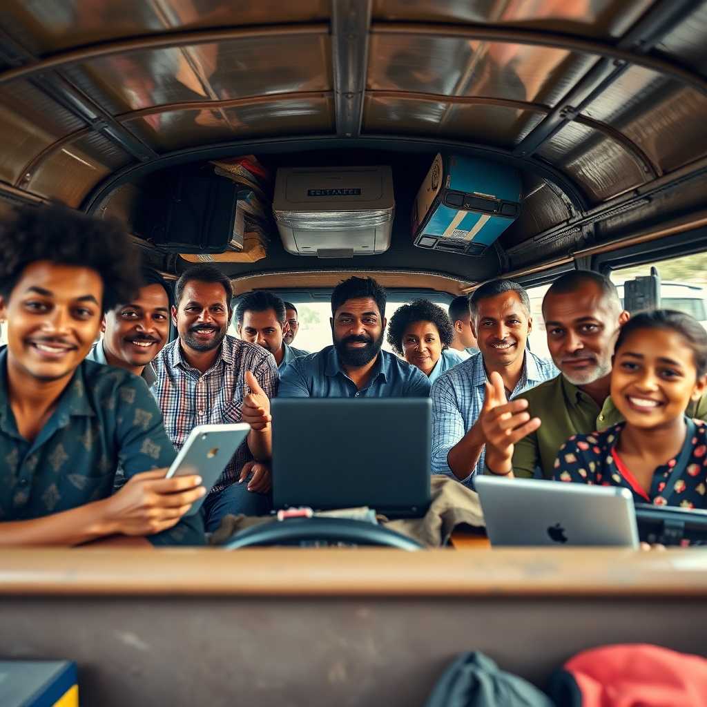 A multiracial, busy team in a moving truck efficiently managing tasks