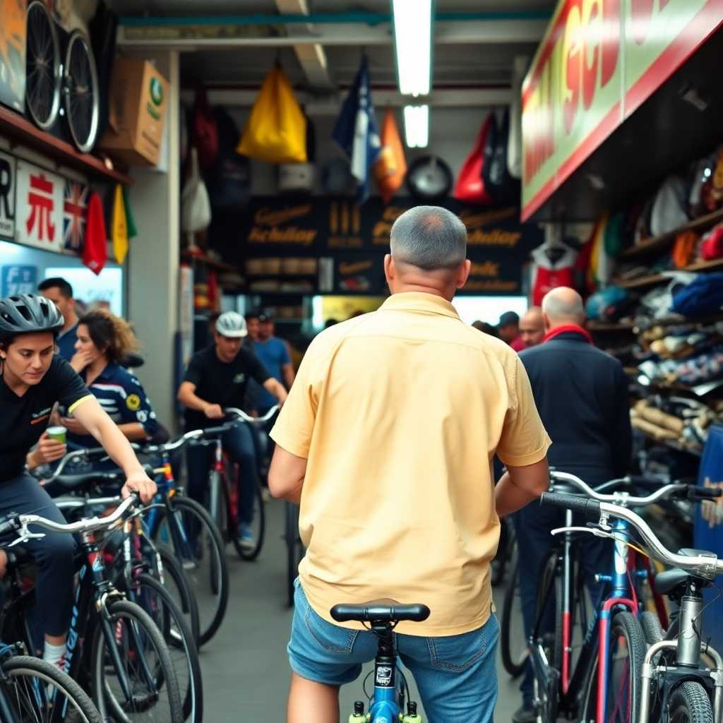 A bustling bike shop with customers vying for attention