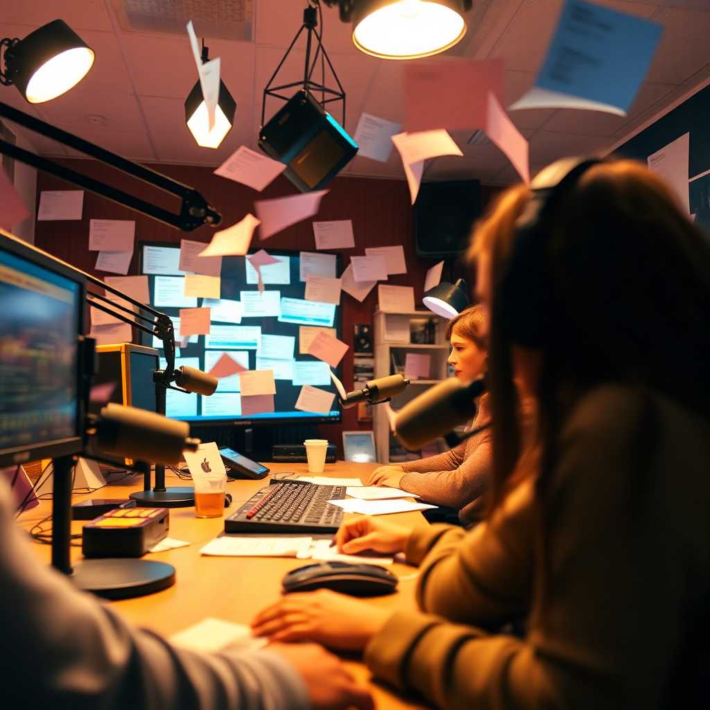 A busy podcast studio with a flurry of messages arriving