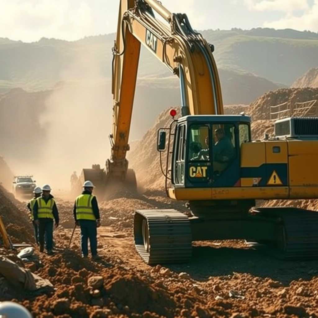 A busy excavation site with heavy machinery digging and workers coordinating