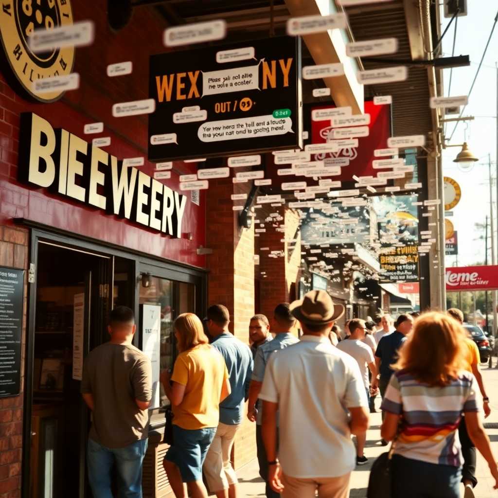 A busy brewery storefront under a flurry of incoming text messages.