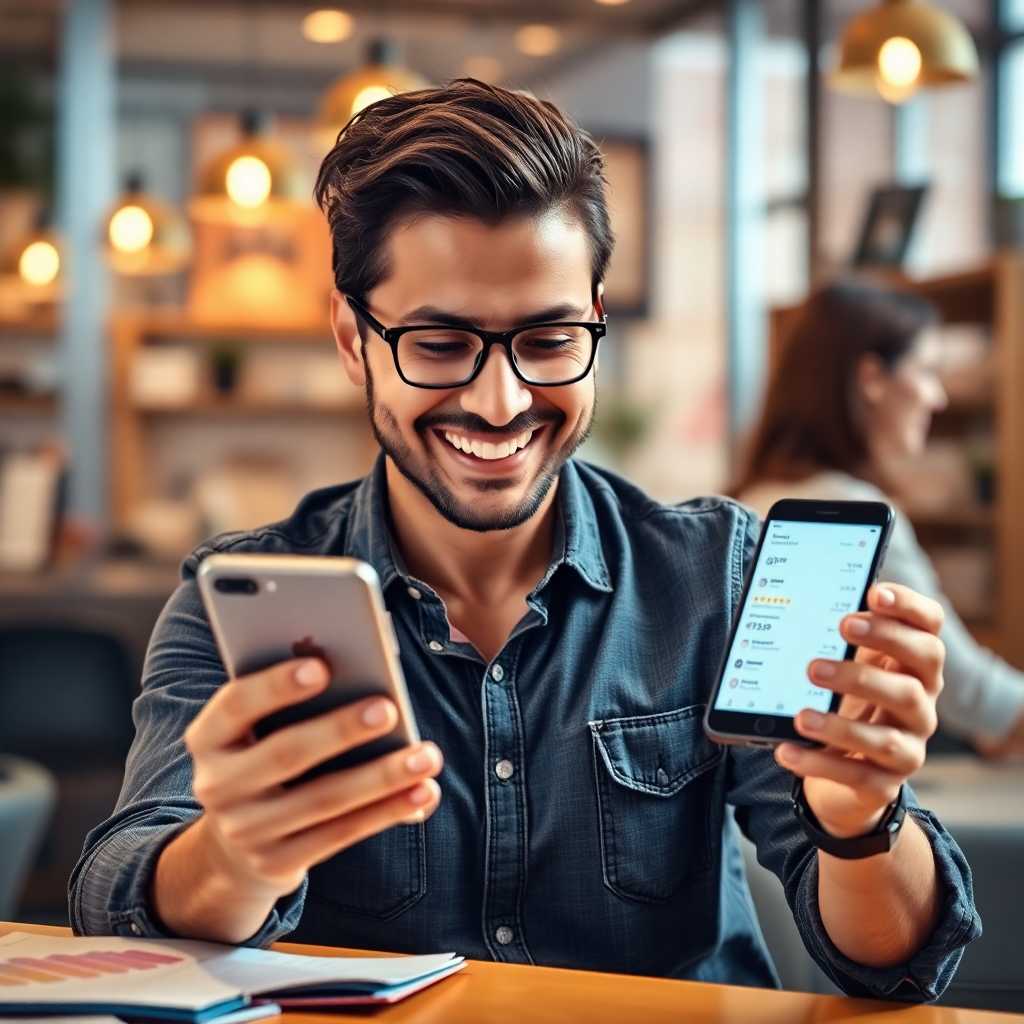 Smiling business owner reviewing skyrocketing customer ratings while holding a smartphone.