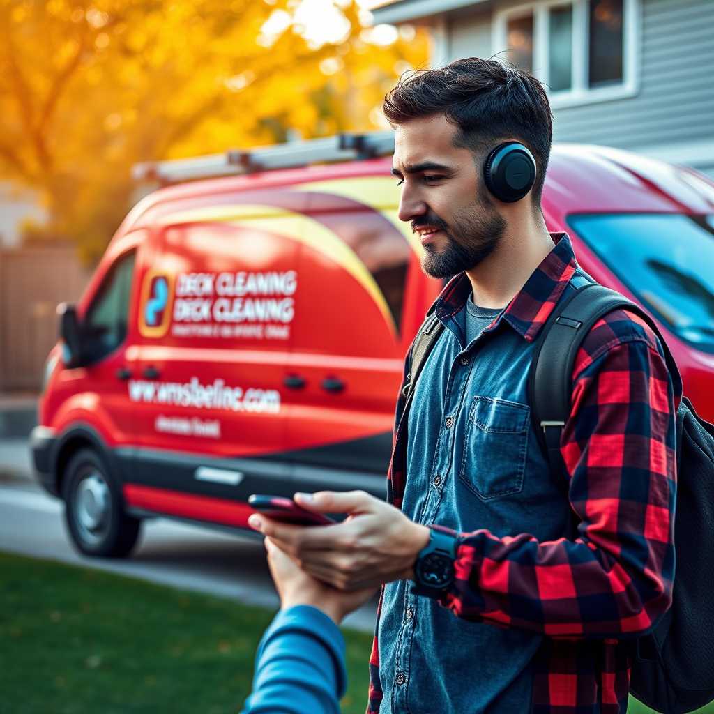 Customer interacting with an AI chat service on a mobile phone, with a deck cleaning service van visible in the background