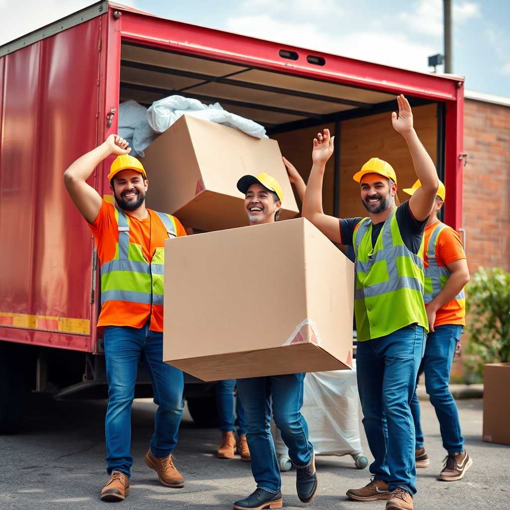 A team of moving laborers joyfully handling a relocation job