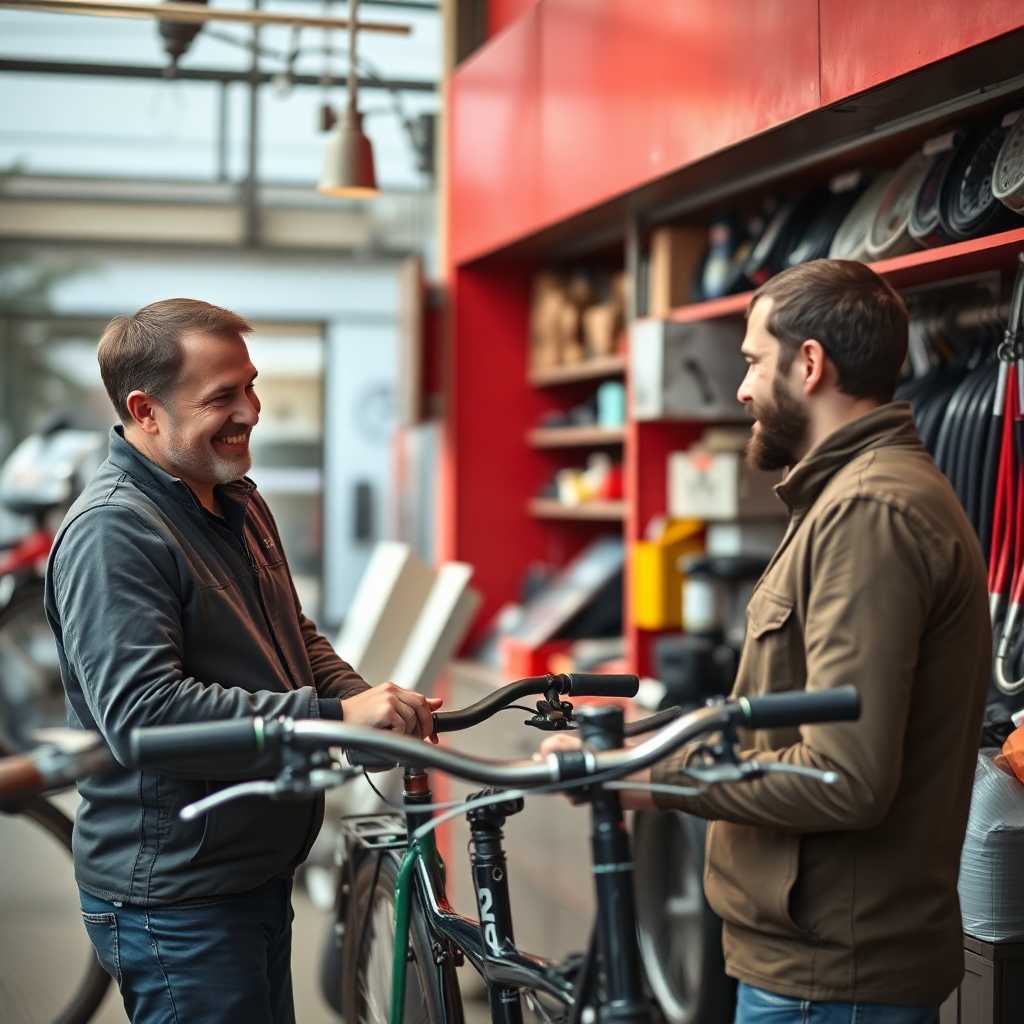 A bike repair shop owner delighting a customer with efficient service