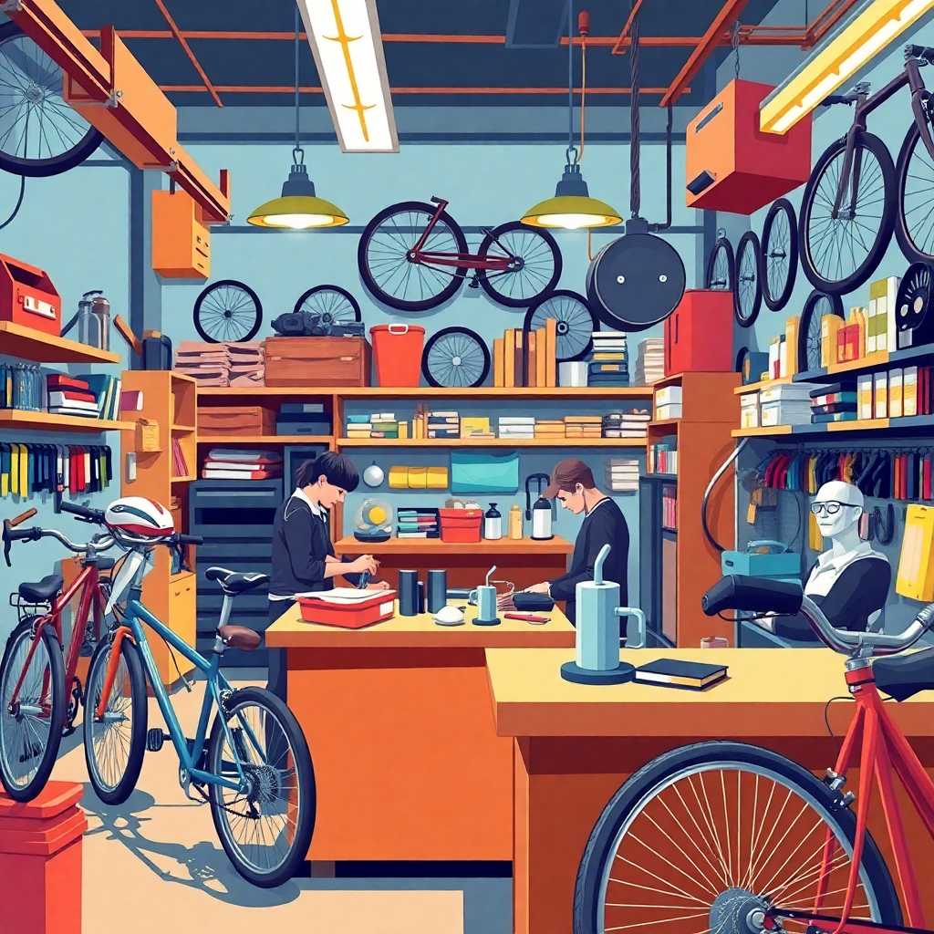 Illustration of a busy bike repair shop’s front desk