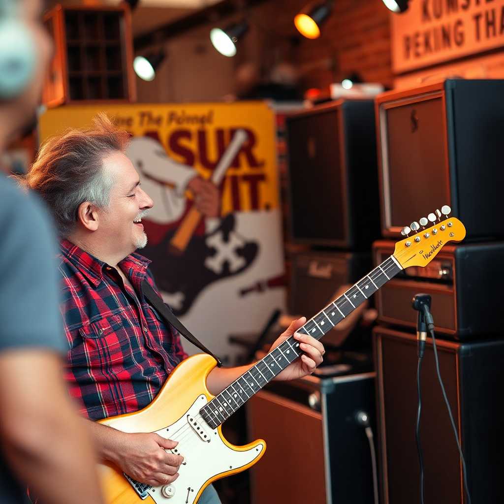 A musician happily receiving well-maintained rental gear.
