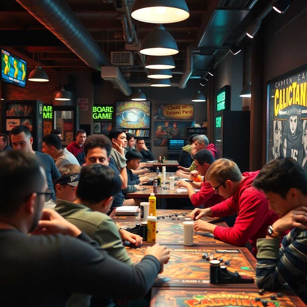 A vibrant Board Game Cafe during peak hours, filled with enthused patrons steeped in gameplay.